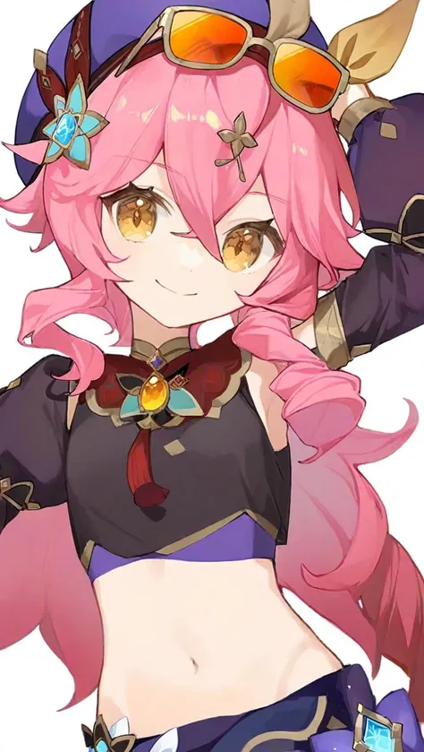 <lora:genshin_all:1>,dori \(genshin impact\), 1girl, solo, pink hair, hat, looking at viewer, looking over eyewear, simple background, white background, smile, sunglasses, symbol-shaped pupils, vision \(genshin impact\), crop top, purple headwear, black shirt, red-tinted eyewear, ahoge, hair ornament, bangs, long sleeves, midriff, from side, short hair with long locks, sidelocks, hat ornament, puffy detached sleeves, yellow eyes, navel, orange eyes, long hair, upper body, closed mouth