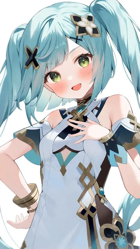 amazing quality,<lora:genshin_all:1>,faruzan \(genshin impact\), 1girl, solo, twintails, x hair ornament, green eyes, aqua hair, open mouth, looking at viewer, simple background, white dress, white background, short sleeves, small breasts, bangs, blush, very long hair, hand on own chest, upper body, :d, hand on hip, bare shoulders, bracelet