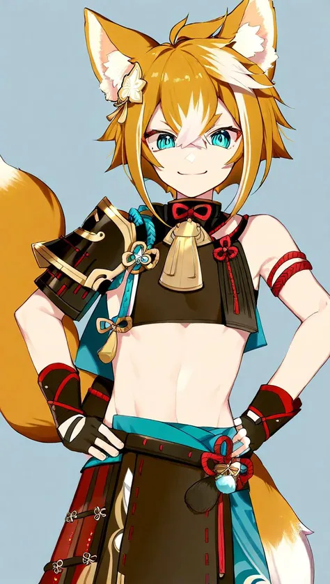 amazing quality,<lora:genshin_all:1>,gorou \(genshin impact\), gorou \(genshin impact\), male focus, japanese clothes, simple background, fingerless gloves, japanese armor, 1boy, hand on hip, grey background, black gloves, closed mouth, crop top, 2boys, fox ears, fox tail, smile, midriff