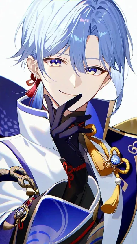 amazing quality,<lora:genshin_all:1>,kamisato ayato, 1boy, male focus, solo, black gloves, upper body, long sleeves, japanese clothes, smile, looking at viewer, wide sleeves, closed mouth, white jacket, tassel, simple background, hand up, sode, white background, lapels, hand on own chin, medium hair