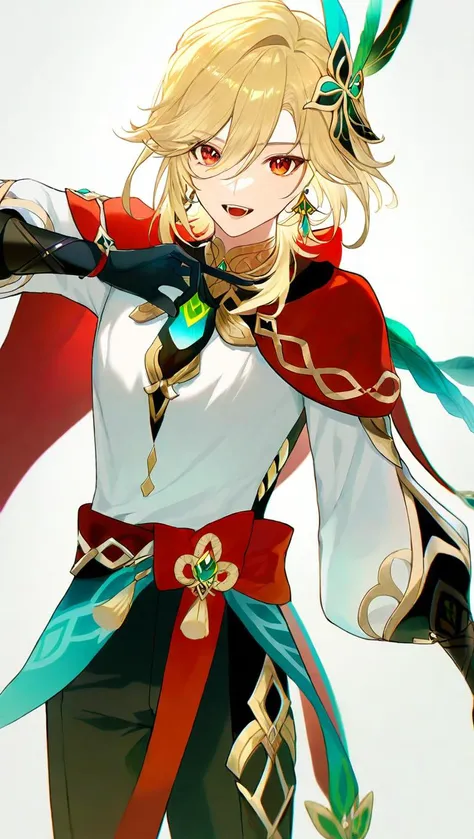 amazing quality,<lora:genshin_all:1>,kaveh \(genshin impact\), solo, 1boy, male focus, feather hair ornament, blonde hair, earrings, looking at viewer, white background, bangs, red cape, hair between eyes, simple background, red eyes, open mouth, puffy long sleeves, hand up, white shirt, artist name, pants, teeth, black gloves, standing, parted bangs