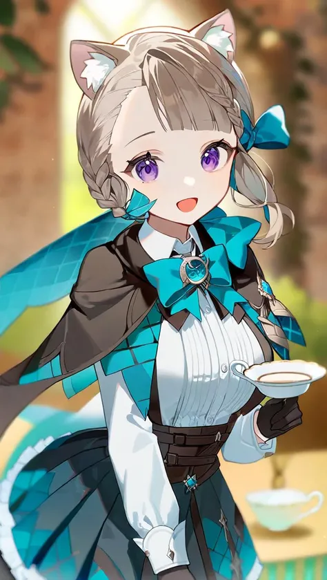 amazing quality,<lora:genshin_all:1>,lynette \(genshin impact\), 1girl, purple eyes, solo, teacup, brown hair, looking at viewer, black gloves, animal ear fluff, holding, virtual youtuber, cat ears, blue bow, blurry background, open mouth, black skirt, capelet, bowtie, braid, long sleeves, breasts, cape, bangs