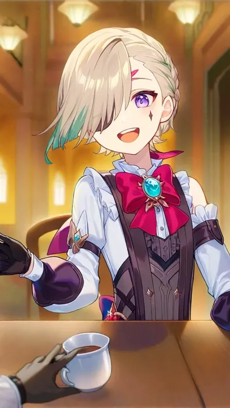 amazing quality,<lora:genshin_all:1>,lyney \(genshin impact\), purple eyes, white shirt, black gloves, 1boy, open mouth, male focus, center frills, :d, looking at viewer, bangs, detached sleeves, streaked hair, puffy long sleeves, hair over one eye, table, cup, sitting, red bowtie, green hair, indoors, solo focus, blonde hair, facial mark, multiple boys