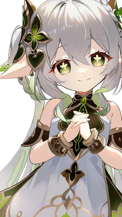 amazing quality,<lora:genshin_all:1>,nahida \(genshin impact\),1girl,solo,smile,white dress,simple background,white background,bracelet,looking at viewer,own hands together,sleeveless dress,detached sleeves,closed mouth,green cape,female child,bare shoulders,cross-shaped pupils,braid,