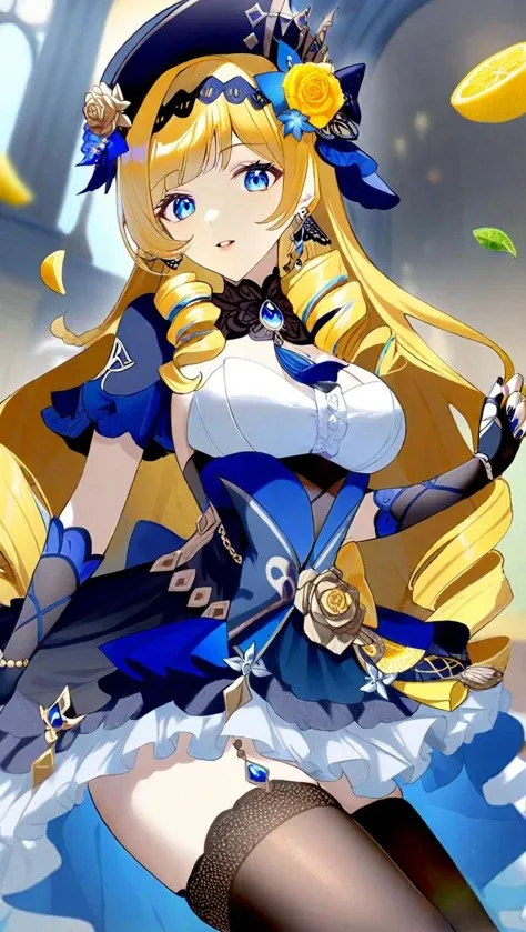 amazing quality,<lora:genshin_all:1>,navia \(genshin impact\), blue eyes, 1girl, long hair, blonde hair, thighhighs, hat flower, drill hair, dress, lemon slice, looking at viewer, gem, holding, black gloves, ringlets, parted lips, breasts, bangs, nail polish, black headwear, frills, solo focus, fingerless gloves, earrings, yellow rose