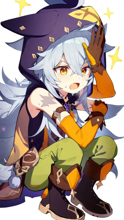 amazing quality,<lora:genshin_all:1>, razor \(genshin impact\), 1boy, male focus, simple background, green pants, squatting, white background, boots, scar on face, hood up, open mouth, sparkle, rabbit, animal, solo, scar on arm, orange gloves, sleeveless, sweat, brown gloves