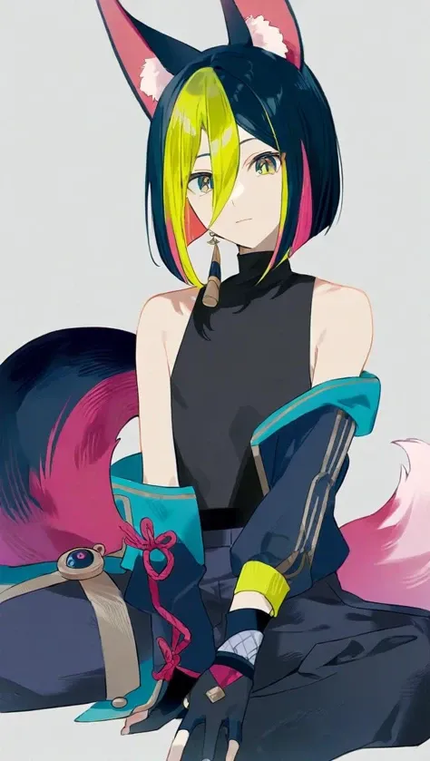 amazing quality,<lora:genshin_all:1>,tighnari \(genshin impact\), 1boy, male focus, solo, fox ears, black hair, black gloves, green hair, fingerless gloves, animal ear fluff, black pants, simple background, green eyes, fox boy, fox tail, streaked hair, closed mouth, black shirt, bangs, looking at viewer, white background, hair between eyes, single earring, sleeveless shirt, short hair, sitting, black jacket, open jacket, alternate costume, turtleneck, long sleeves, blunt ends, multicolored eyes