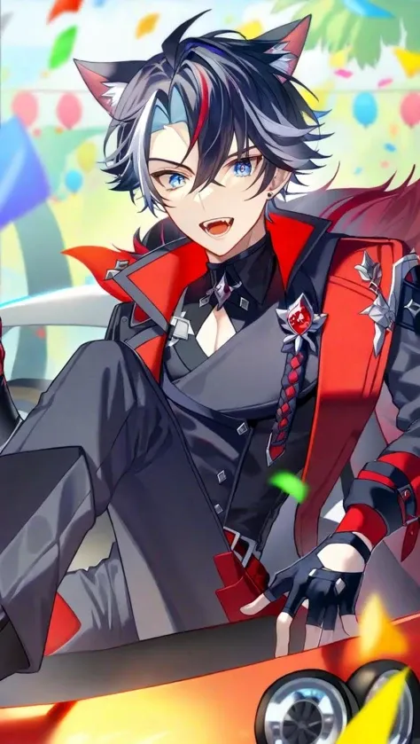 amazing quality,<lora:genshin_all:1>,wriothesley \(genshin impact\), male focus, black hair, white hair, ground vehicle, fingerless gloves, streaked hair, animal ears, confetti, black gloves, black pants, looking at viewer, multiple boys, sitting, blue eyes, motor vehicle, open mouth, jacket, short hair, teeth, 1boy, solo focus, two-tone hair, long sleeves