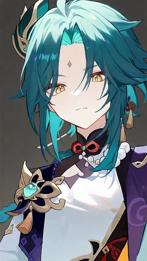 amazing quality,<lora:genshin_all:1>, xiao \(genshin impact\), 1boy, solo, male focus, bead necklace, forehead mark, closed mouth, upper body, looking at viewer, aqua hair, tassel, simple background