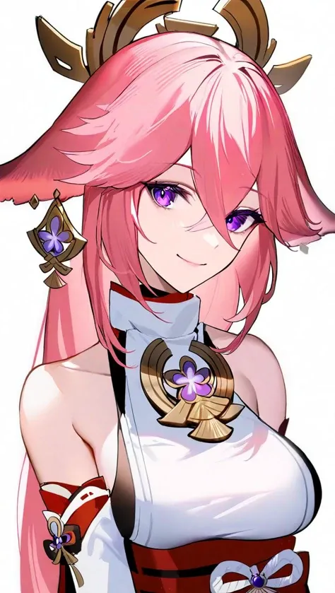 amazing quality,<lora:genshin_all:1>,yae miko, 1girl, solo, looking at viewer, smile, white background, upper body, simple background, bare shoulders, detached sleeves, japanese clothes, earrings, closed mouth