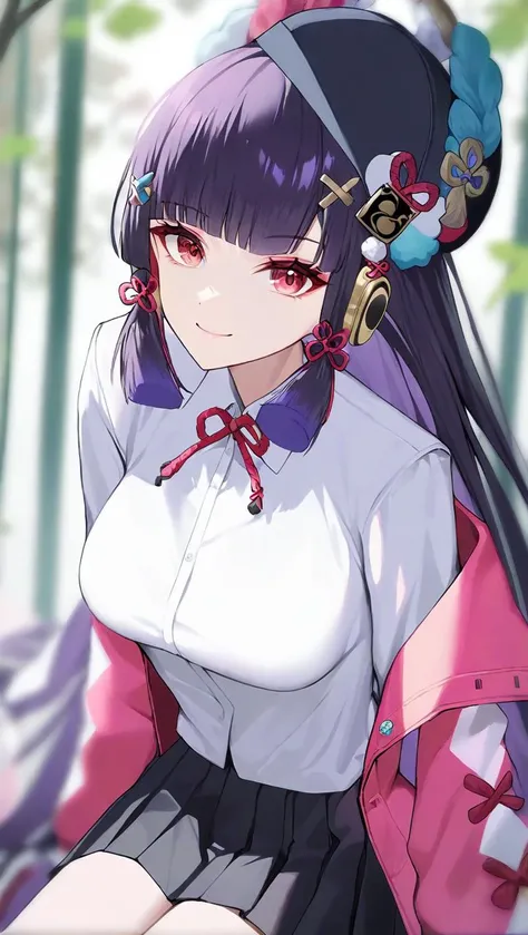 amazing quality,<lora:genshin_all:1>,yun jin \(genshin impact\), 1girl, long hair, bangs, headphones, white shirt, red eyes, smile, long sleeves, solo, looking at viewer, closed mouth, black skirt, black hair, sitting, open jacket, pleated skirt, collared shirt, x hair ornament, blurry, medium breasts, blunt bangs, red ribbon, purple hair, black jacket, neck ribbon, pink jacket, hairclip, baseball cap