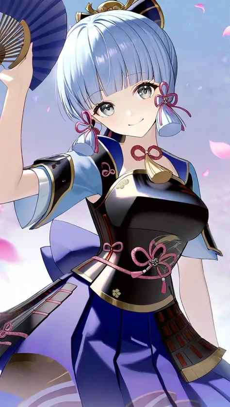 amazing quality,<lora:genshin_all:1>, kamisato ayaka, 1girl, solo, looking at viewer, smile, armored dress, holding fan, grey eyes, petals, ribbon, breastplate, folding fan, japanese clothes, japanese armor, closed mouth, light blue hair, skirt, short sleeves