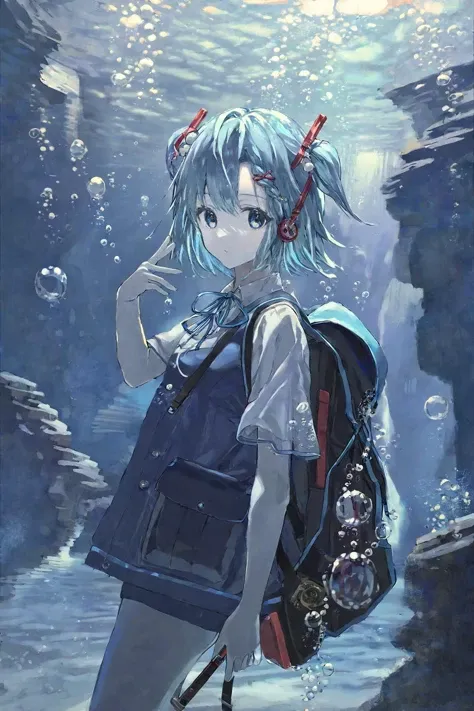 best quality, masterpiece, 1girl, kawashiro nitori, solo, underwater, hair bobbles, hat, blue hair, two side up, blue theme, key, hair ornament, water, air bubble, backpack, bubble, bag, blue eyes, short hair, looking at viewer, <lora:katann:1>
