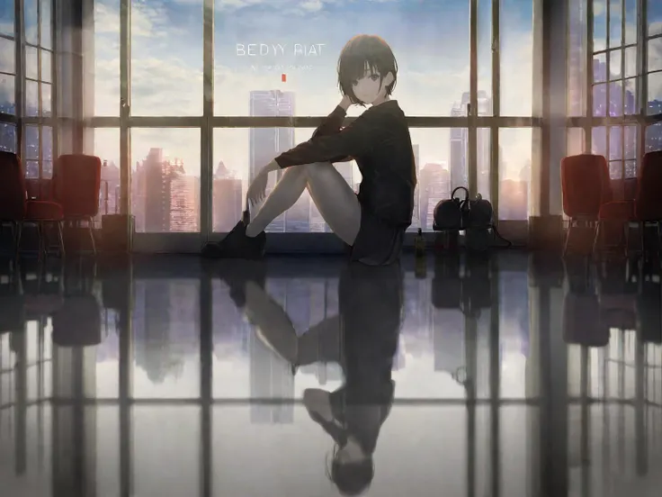 best quality, masterpiece, 1girl, solo, window, black hair, sitting, cityscape, reflection, short hair, indoors, sky, building, looking at viewer, scenery, shirt, cloud, bangs, city, skyscraper, black footwear, english text, black shirt, <lora:katann:1>