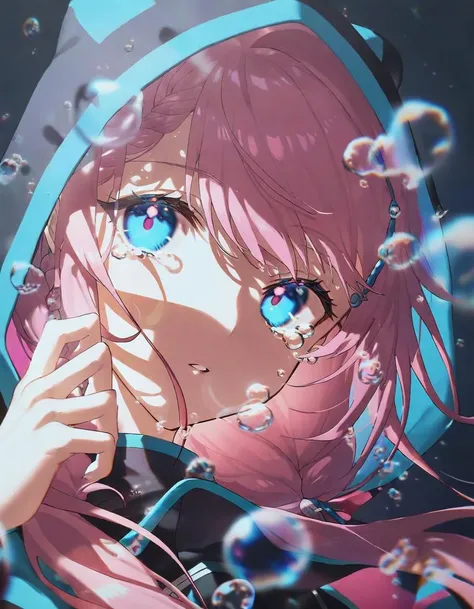 amazing quality, by konya karasue, 1girl, virtual youtuber, pink hair, solo, looking at viewer, hood, hood up, bubble, multicolored eyes, long hair, blue eyes, braid, tears, parted lips, bangs, hooded capelet, portrait, hand up, upper body, <lora:KonyaKarasue:1>