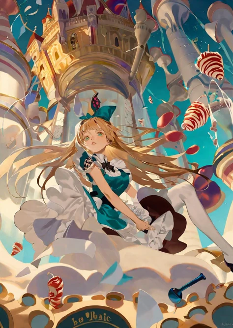 by reiko
1girl
alice \(alice in wonderland\),
blonde straight hair
white stocking
apron
sit while floating in the air
pokers castle
beautiful, aesthetic, detailed, beautiful color
amazing quality, best quality, high quality
