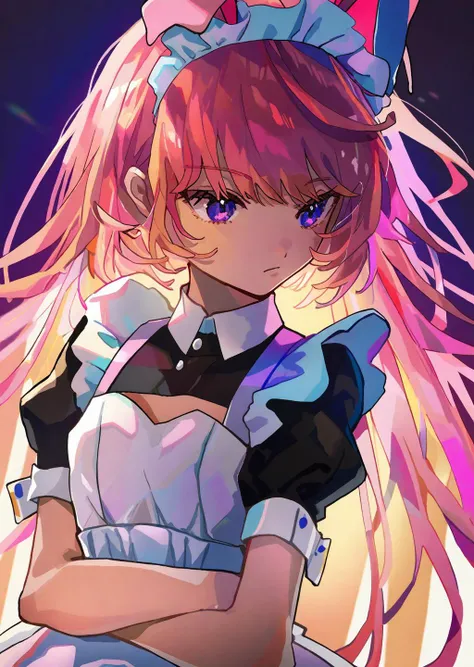 by sannso  
1girl, bunny ears, bangs,  flat chest, upper body pink  , maid  
cinematic lighting, beautiful,   amazing quality
