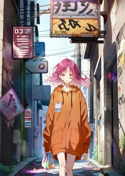 by ajimita,
a woman with medium-length colorful hair wearing hoodie walking under a broken sign in an alleyway
close up
gradient
beautiful, aesthetic, detailed, beautiful color
amazing quality, best quality, high quality