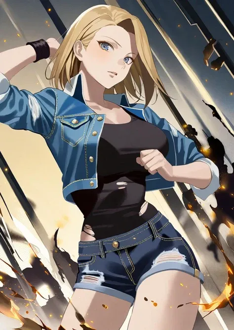 by reiko, by ajimita,
android 18, fighting stance,
1girl black_shirt blonde_hair blue_eyes denim denim_jacket denim_shorts jacket looking_at_viewer shirt short_hair shorts torn_clothes
beautiful, aesthetic, detailed, beautiful color
amazing quality, best quality, high quality