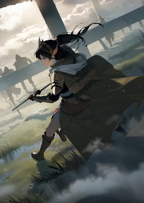 by rella, by ajimita,
1girl, charging forward , detailed face,
beautiful woman in fantasy knight armor,
trudging through misty swamp in middle of multiple army battlefield,
marshlands, foggy, cloudy, wearing surcoat with family arms embroidered on it,
many footman fighting in background, masterpiece, best quality, high quality,
perspective from above
dramatic lighting, shadows
beautiful, aesthetic, detailed, beautiful color
amazing quality, best quality, high quality