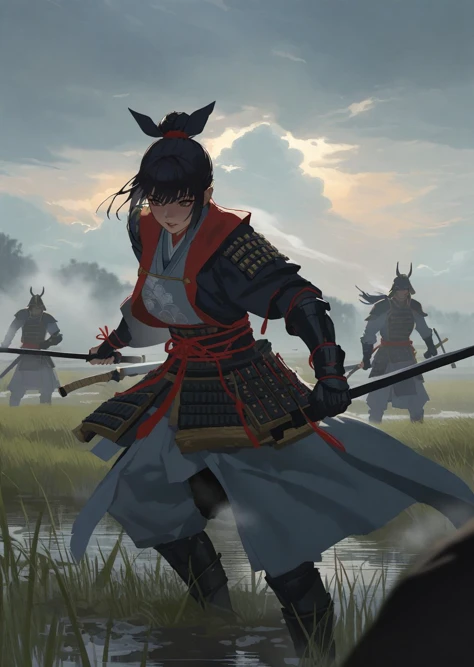 impasto
1girl, charging forward , detailed face, beautiful japanese woman in fantasy samurai armor, trudging through misty swamp in middle of multiple army battlefield, marshlands, foggy, cloudy, wearing surcoat with family arms embroidered on it, many samurai fighting in background, masterpiece, best quality, high quality,
dramatic lighting, shadows
beautiful, aesthetic, detailed, beautiful color
amazing quality, best quality, high quality
