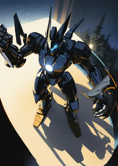 by wanke,
by syd mead
1 mecha robot, battle stance,
glowing gems, dark, horror, heavy metal shadow, night, moonlight perspective from below
perspective from above
dramatic lighting, shadows
beautiful, aesthetic, detailed, beautiful color
amazing quality, best quality, high quality