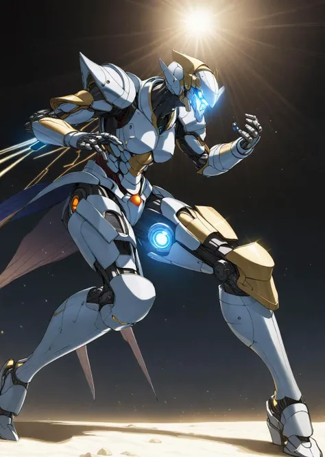 by wanke,  
by syd mead, moebius,
 1 mecha robot, fighting stance,  tri-color armor 
glowing gems,    
beautiful, aesthetic, detailed, beautiful color
amazing quality, best quality, high quality