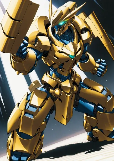 by wanke,
1 mecha robot, fighting stance, golden armor,
glowing gems,
dramatic lighting, shadows
beautiful, aesthetic, detailed, beautiful color
amazing quality, best quality, high quality
