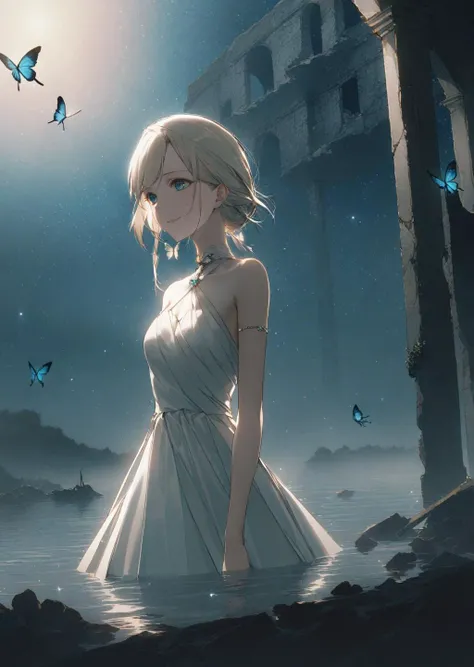 by dsmile9, , by wanke
1girl, close up
detailed face
Beautiful butterflies in detail,Beautiful stars in detail,halter dress ,particle,Starry sky in beautiful detail,Hazy fog,Ruins of beautiful details,Standing on the surface of the sea,butterfly,die,film light
beautiful, aesthetic, detailed, beautiful color
amazing quality, best quality, high quality