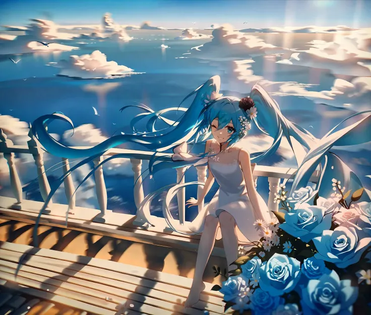 by konya karasue, 1girl, solo, depth of field, bouquet, flower, long hair, dress, hatsune miku, sky, holding bouquet, wings, barefoot, very long hair, white dress, sitting, cloud, twintails, blue eyes, hair ornament, holding, white flower, hair flower, blue hair, floating hair, outdoors, one eye closed, feathered wings, blue theme, sleeveless, looking at viewer, blue sky, smile, sleeveless dress, blue flower, bangs, railing, rose, best quality,