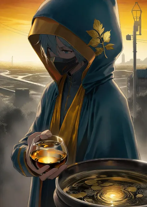 by dsmile9,
1girl,
Azem the Traveler cloaked and masked, yearning to explore. Gradient mastery, ink, gold leaf, and alcohol ink elements. Cinematic realism, luminism, and pollution-choked industrial landscape
beautiful, aesthetic, detailed, beautiful color
amazing quality, best quality, high quality