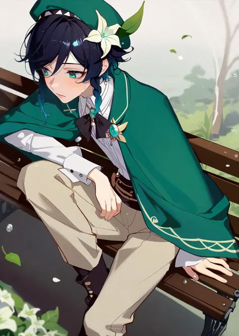 by ask
  venti \(genshin impact\),1boy,male focus,solo,green headwear,leaf, shy ,blush, 
sitting on bench 
white flower,beret,  wet ,white shirt,brooch,androgynous,hair flower,gem,collared shirt,green cape,
beautiful, aesthetic, detailed, beautiful color
amazing quality, best quality, high quality