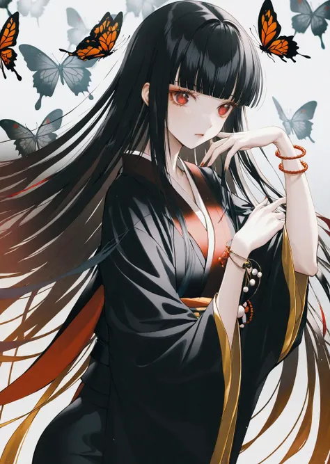 by wanke
Enma Ai, 1girl, solo, japanese clothes, long hair, butterfly, bug, black hair, kimono, hime cut, bangs, bracelet, blunt bangs, jewelry, black kimono, red eyes,
beautiful, aesthetic, detailed, beautiful color
amazing quality, best quality, high quality