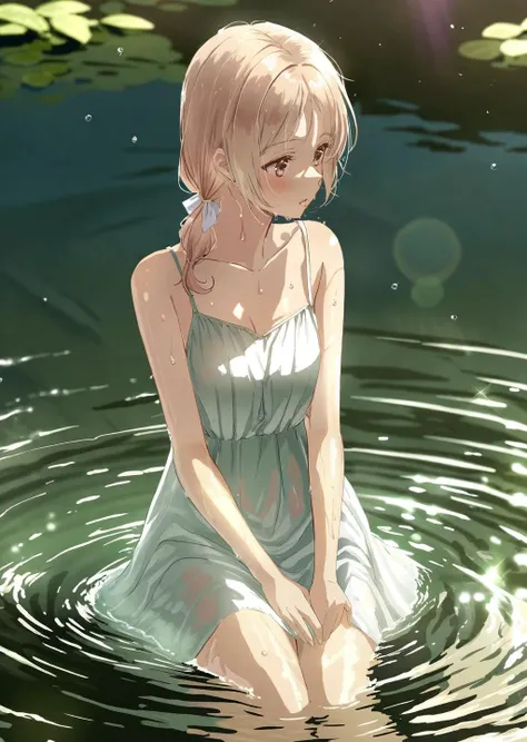 by ajimita,
1girl, splashing
couching in lake
wet dress
collarbone,
ripples shadows
beautiful, aesthetic, detailed, beautiful color
amazing quality, best quality, high quality