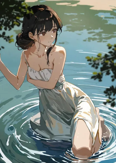 impasto
watercolor
1girl, splashing
couching in lake
wet dress
collarbone,
ripples shadows
beautiful, aesthetic, detailed, beautiful color
amazing quality, best quality, high quality