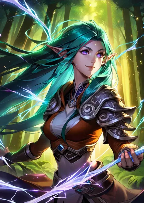 by dsmile9,
1girl , druid, elf,
detailed face
casting spells
long hair
wind
glowing particles
fantasy,
shadows
dramatic lighting
forest
world of warcraft,
amazing quality, best quality, high quality