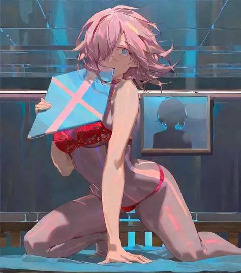 best quality, masterpiece, illustration by yohan, simple_background, ominous shadow, silhouette, see-through silhouette, masterpiece, best quality,1girl, pink hair, short hair, messy hair, blue eyes, thick thighs, wide_hips, narrow waist, medium breasts, kneeling, red lingerie, pink panties, cel shading, night sky,dim_lighting, floating hair, looking at viewer, head tilt, very light seductive smirk, facing the viewer, masterpiece, best quality, painting \(medium\), HQ, detail skin, graphite \(medium\), dslr, high quality, <lora:MashKyrielightXL:0.75> mash kyrielight,hair over one eye, <lora:reikoXL128dim-000101:1.0>