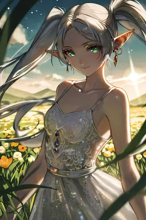 by yoneyama mai, by demizu posuka,
1girl, frieren, elf, cowboy shot, fantasy, 
outdoors, sky, nature, horizon, traveling, natural face, kind smile, beautiful, showstopping, peaceful, detailed face, beautiful detailed eyes, green eyes, eyes designed by Ilya Kuvshinov, beautiful detailed hair, white hair, grey hair, long hair, transparent hair, twintails, wind effects, pointy ears, parted bangs, collarbone, bare shoulders, white dress, sleeveless dress, intricately detailed lace, earrings, 
floral, green carpet, Windflower,
beautiful color, detailed, aesthetic,
amazing quality, masterpiece, absurdres, 8k, UHD,