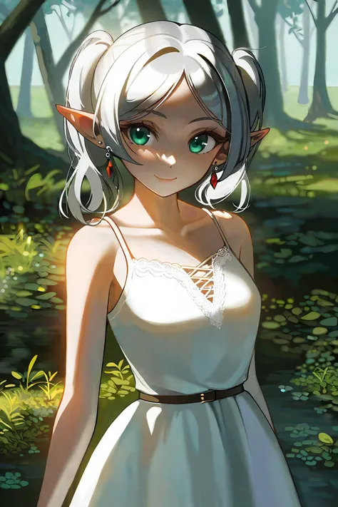 by yoneyama mai, by yogisya, by demizu posuka,
1girl, frieren, elf, cowboy shot, impasto, fantasy,
outdoors, sky, nature, horizon, forest, floral, traveling, natural face, kind smile, beautiful, peaceful, detailed face, beautiful detailed eyes, green eyes, eyes designed by Ilya Kuvshinov, beautiful detailed hair, white hair, grey hair, long hair, twintails, pointy ears, parted bangs, collarbone, bare shoulders, white dress, sleeveless dress, lace, earrings,
beautiful color, detailed, aesthetic, cinematic, depth of field, natural lighting,
amazing quality, best quality, high quality, masterpiece, absurdres, 8k, UHD,