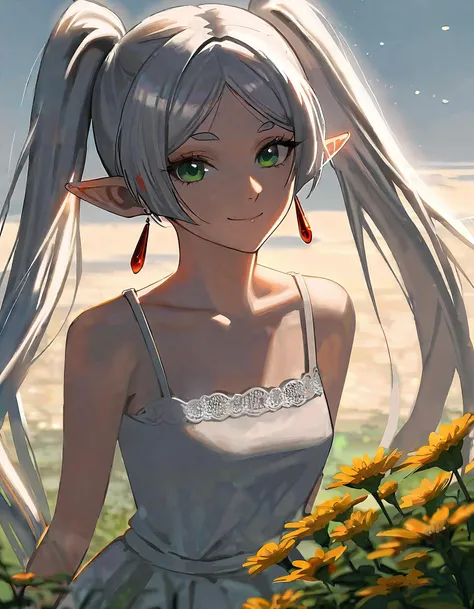 1girl, frieren, elf, cowboy shot, fantasy, outdoors, sky, nature, horizon, traveling, natural face, kind smile, beautiful, engaging, peaceful, detailed face, beautiful detailed eyes, green eyes, multicolored eyes, eyes designed by Ilya Kuvshinov, beautiful detailed hair, white hair, grey hair, long hair, transparent hair, twintails, wind effects, pointy ears, parted bangs, collarbone, bare shoulders, white dress, sleeveless dress, intricately detailed lace, red earrings, floral, green carpet, Cymbidium, beautiful color, detailed, aesthetic, Cinematic Texture, fine detailing, crisp detail, crisp edges, lifelike detailing, Depth of Field, Depth and Perspective, amazing quality, best quality, high quality, masterpiece,