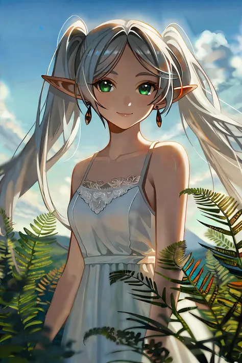 by yoneyama mai, by yogisya, by demizu posuka,
1girl, frieren, elf, cowboy shot, celluloid, fantasy,
outdoors, sky, nature, horizon, traveling, natural face, kind smile, beautiful, peaceful, detailed face, beautiful detailed eyes, green eyes, eyes designed by Ilya Kuvshinov, beautiful detailed hair, white hair, grey hair, long hair, twintails, pointy ears, parted bangs, collarbone, bare shoulders, white dress, sleeveless dress, intricately detailed lace, earrings,
floral, green carpet, Pitt,
beautiful color, detailed, aesthetic, cinematic, depth of field,
amazing quality, best quality, high quality, masterpiece, absurdres, 8k, UHD,