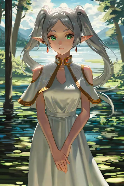 [by yogisya:by yoneyama mai:0.5], 
1girl, frieren, elf, cowboy shot, clean color, fantasy, 
outdoors, sky, nature, horizon, forest, flowers, floral, traveling, natural face, kind smile, beautiful, detailed face, beautiful detailed eyes, green eyes, eyes designed by Ilya Kuvshinov, beautiful detailed hair, white hair, grey hair, long hair, twintails, pointy ears, parted bangs, bare shoulders, white capelet, white dress, sleeveless dress, frierendress, earrings, jewelry,
beautiful color, intricately detailed, aesthetic, cinematic, depth of field, 
amazing quality, best quality, high quality, masterpiece, absurdres, 8k, UHD,