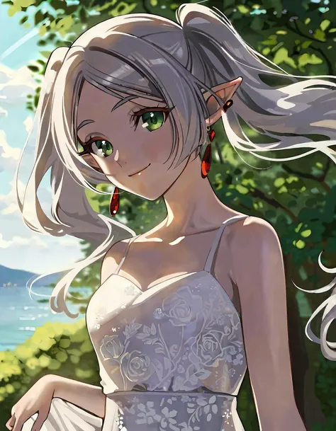 by yoneyama mai, by demizu posuka,
1girl, frieren, elf, cowboy shot, fantasy,
outdoors, sky, nature, horizon, traveling, natural face, kind smile, beautiful, bonny, peaceful, detailed face, beautiful detailed eyes, green eyes, multicolored eyes, eyes designed by Ilya Kuvshinov, beautiful detailed hair, white hair, grey hair, long hair, transparent hair, twintails, wind effects, pointy ears, parted bangs, collarbone, bare shoulders, white dress, sleeveless dress, intricately detailed lace, red earrings,
floral, green carpet, Antirrhinum majus,
beautiful color, detailed, aesthetic, Cinematic Texture, fine detailing, crisp detail, crisp edges, lifelike detailing, Depth of Field, Depth and Perspective,
amazing quality, best quality, high quality, masterpiece, absurdres, 8k, UHD,