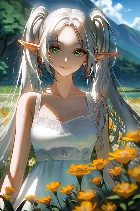 by yoneyama mai, by demizu posuka,
1girl, frieren, elf, cowboy shot, realistic, fantasy,
outdoors, sky, nature, horizon, traveling, natural face, kind smile, beautiful, radiant, peaceful, detailed face, beautiful detailed eyes, green eyes, eyes designed by Ilya Kuvshinov, beautiful detailed hair, white hair, grey hair, long hair, transparent hair, twintails, wind effects, pointy ears, parted bangs, collarbone, bare shoulders, white dress, sleeveless dress, intricately detailed lace, earrings,
floral, green carpet, Lily of the Field,
beautiful color, detailed, aesthetic,
amazing quality, masterpiece, absurdres, 8k, UHD,