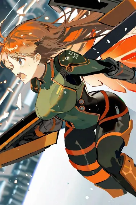 by sho, 1girl, sci-fi theme, perspective, from side, holding shield, angry, open mouth, bodysuit, helmet, mechanical wings, concept art, dynamic blur, detailed, beautiful color, particle, resistance army, amazing quality, best quality, high quality,