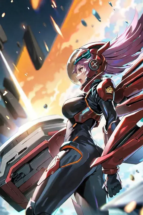 by uuuzan, 1girl, sci-fi theme, perspective, from side, holding shield, angry, open mouth, bodysuit, helmet, mechanical wings, concept art, dynamic blur, detailed, beautiful color, particle, resistance army, amazing quality, best quality, high quality,