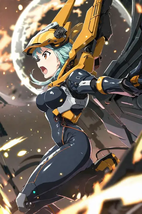 by rororo, 1girl, sci-fi theme, perspective, from side, holding shield, angry, open mouth, bodysuit, helmet, mechanical wings, concept art, dynamic blur, detailed, beautiful color, particle, resistance army, amazing quality, best quality, high quality,