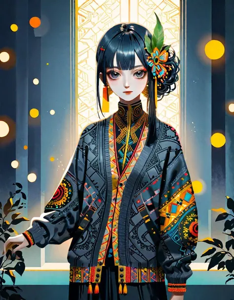 Professional fashion portrait, innovative fashion, amazing quality, best quality, high quality, masterpiece, absurdres, 4K, 8K, 64K, UHD, extremely detailed, 
BREAK
[by sakedong:Takahiro Kimura (Character Designer):0.5], 
BREAK
A super model,  zingy, detailed beautiful face, detailed beautiful eyes, Textured cardigan with fringe and sequin accents, ((designed by Manish Arora and Tala Madani)), a final stand, relaxed pose, beautiful and breathtaking hairstyle, (intricate detailed hair:1.4), nihongami, 
BREAK
Random blend of art background, Analytical art and Mid-century Modern, Guersney Lily and diminutive dark gray slender lobeless plant, cracked texture scaly herbaceous stem, striated, bipinnately-lobed round leaf, transverse venation, tufted, undulate leaf margin,  pale starchy seeds, flaky, gamosepalous, decussate,  , ancient civilizations, random composition, diverse textures and patterns, mix of architectural styles, natural and urban elements, vibrant colors, varying lighting conditions, richly decorated, unexpected details, high resolution, visually complex, immersive environment, this image combines historical elegance with science fiction, creating a visually stunning and imaginative artwork,  [(details:1.2): [ (many small details:1.3) : [ (many ultrasmall details: 1.2):(very detailed ultrasmall edges and microrelief:1.5):0.7 ]: 0.4 ] :0.2],
break
advanced lighting techniques, high dynamic range, vivid and accurate colors, harmonious color scheme, meticulously detailed, visually stunning, emotionally engaging, sharp contrast, digital painting quality, cinematic quality, subtle shadows, Complex Shading, Immersive Depth, Advanced Rendering, Depth of Field, sharp focus, Depth and Perspective, bokeh, vintage, faded film, film grain, LUT, taken by Tim Walker,  <lora:xl_more_art-full_v1:1>,