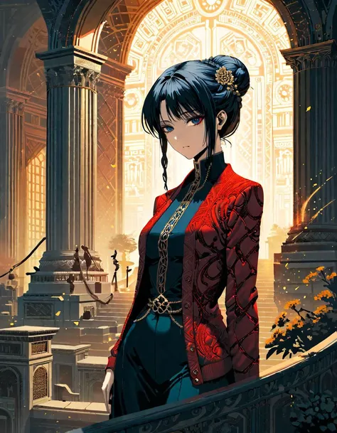 Professional fashion portrait, innovative fashion, amazing quality, best quality, high quality, masterpiece, absurdres, 4K, 8K, 64K, UHD, extremely detailed, beautiful color, aesthetic, 
BREAK
[by madoka23:Masahiro Ando:0.5], clean color,
BREAK
(A super model),  delightful, detailed beautiful face, detailed beautiful eyes, Faux leather-trimmed cardigan, ((designed by Umit Benan and Trent Parke)), a final stand, elegant pose, beautiful and breathtaking hairstyle, (intricate detailed hair:1.4), braided bun, 
BREAK
Random blend of art background, Nu Goth Art and Shabby Chic, Limonium and towering onyx black clumping elliptical plant,  linear basal leaf, actinodromous venation, rosette, doubly toothed leaf margin,  maroon starchy seeds, furrowed-wrinkled, ebracteolate, basal, lateral root , ancient civilizations, random composition, diverse textures and patterns, mix of architectural styles, natural and urban elements, vibrant colors, varying lighting conditions, richly decorated, unexpected details, high resolution, visually complex, immersive environment, this image combines historical elegance with science fiction, creating a visually stunning and imaginative artwork,  [(details:1.2): [ (many small details:1.3) : [ (many ultrasmall details: 1.2):(very detailed ultrasmall edges and microrelief:1.5):0.7 ]: 0.4 ] :0.2],
break
advanced lighting techniques, high dynamic range, vivid and accurate colors, harmonious color scheme, meticulously detailed, visually stunning, emotionally engaging, sharp contrast, digital painting quality, cinematic quality, subtle shadows, Complex Shading, Immersive Depth, Advanced Rendering, Depth of Field, sharp focus, Depth and Perspective, bokeh, vintage, faded film, film grain, LUT, taken by Helmut Newton,  <lora:xl_more_art-full_v1:1>,