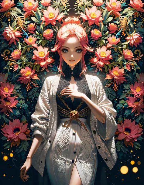 Professional fashion portrait, innovative fashion, amazing quality, best quality, high quality, masterpiece, absurdres, 4K, 8K, 64K, UHD, extremely detailed, 
BREAK
[by yamanokami eaka:Masami Obari (Animator):0.5], 
BREAK
A super model,  knockout, detailed beautiful face, detailed beautiful eyes, Crochet lace kimono cardigan, ((designed by Brandon Maxwell and Trisha Brown)), a final stand, elegant pose, beautiful and breathtaking hairstyle, (intricate detailed hair:1.4), split ponytail, 
BREAK
Random blend of art background, Villaincore and Glam, Dendrobium Orchid and palm-sized coral pink bushy palmate plant,  needle-shaped palmate leaf, irregular venation, tufted-rosette, incised leaf margin, patterned raceme complete flower, bell-shaped,   tuberous root , ancient civilizations, random composition, diverse textures and patterns, mix of architectural styles, natural and urban elements, vibrant colors, varying lighting conditions, richly decorated, unexpected details, high resolution, visually complex, immersive environment, this image combines historical elegance with science fiction, creating a visually stunning and imaginative artwork,  [(details:1.2): [ (many small details:1.3) : [ (many ultrasmall details: 1.2):(very detailed ultrasmall edges and microrelief:1.5):0.7 ]: 0.4 ] :0.2],
break
advanced lighting techniques, high dynamic range, vivid and accurate colors, harmonious color scheme, meticulously detailed, visually stunning, emotionally engaging, sharp contrast, digital painting quality, cinematic quality, subtle shadows, Complex Shading, Immersive Depth, Advanced Rendering, Depth of Field, sharp focus, Depth and Perspective, bokeh, vintage, faded film, film grain, LUT, taken by Diane Arbus,  <lora:xl_more_art-full_v1:1>,